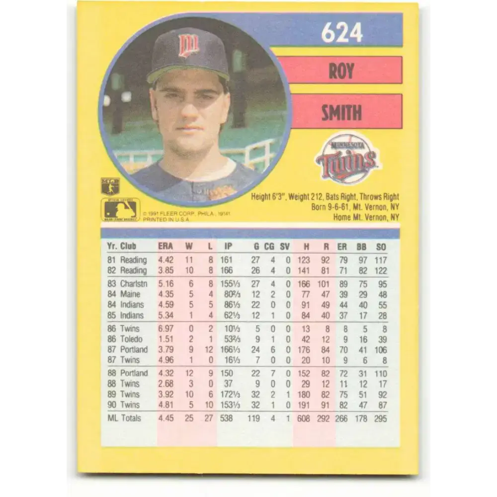 1991 Fleer #624 Roy Smith NM-MT Minnesota Twins Baseball Card - Baseball Card Single