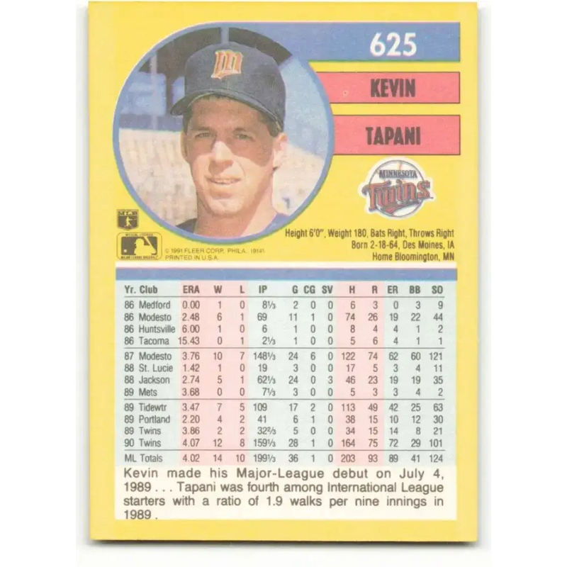 1991 Fleer #625 Kevin Tapani NM-MT Minnesota Twins Baseball Card - Baseball Card Single