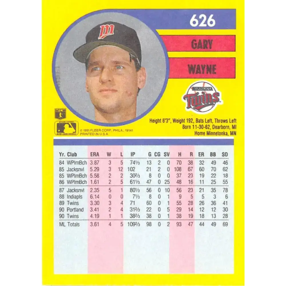 1991 Fleer #626 Gary Wayne NM-MT Minnesota Twins Baseball Card - Baseball Card Single