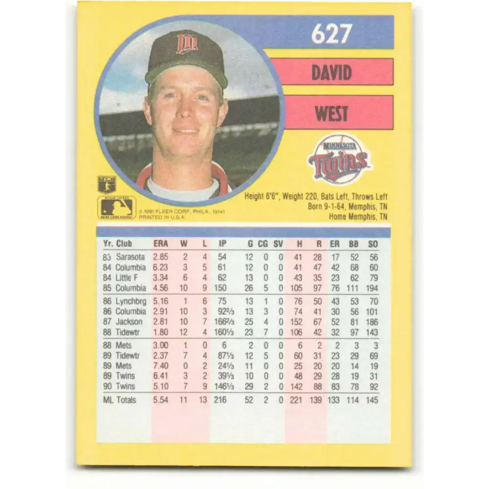 1991 Fleer #627 David West NM-MT Minnesota Twins Baseball Card - Baseball Card Single
