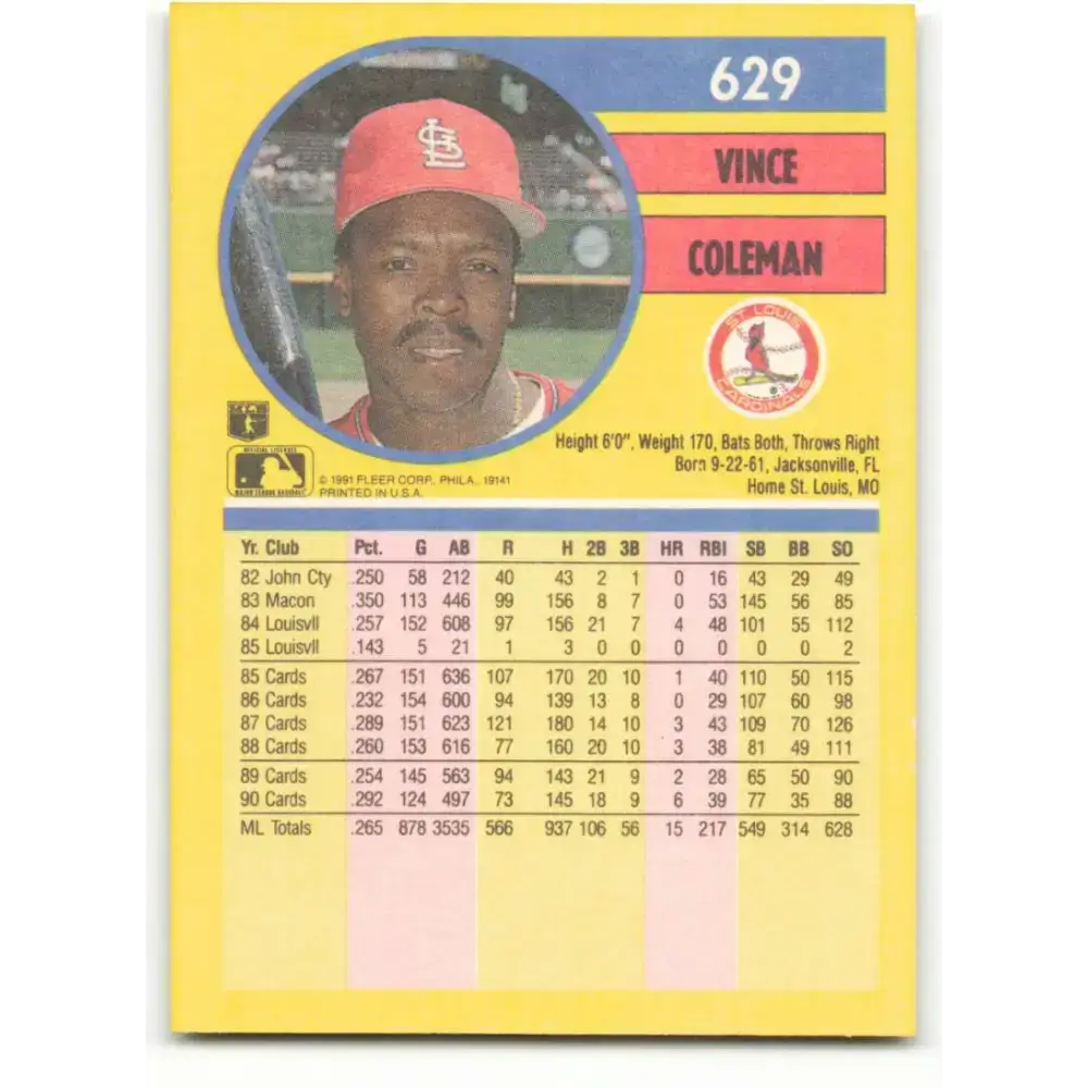 1991 Fleer #629 Vince Coleman NM-MT St. Louis Cardinals Baseball Card - Baseball Card Single