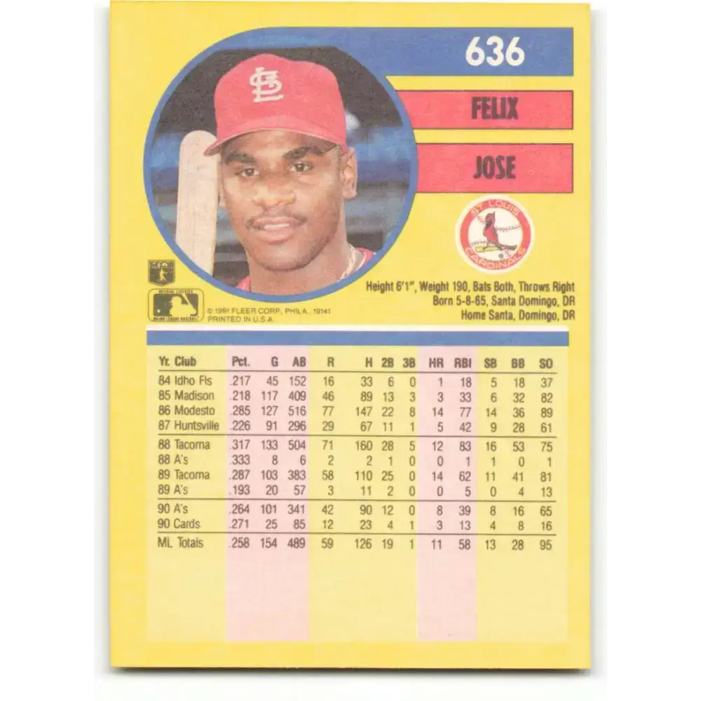 1991 Fleer #636 Felix Jose NM-MT St. Louis Cardinals Baseball Card - Baseball Card Single