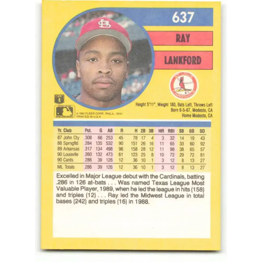 1991 Fleer #637 Ray Lankford NM-MT St. Louis Cardinals Baseball Card - Baseball Card Single