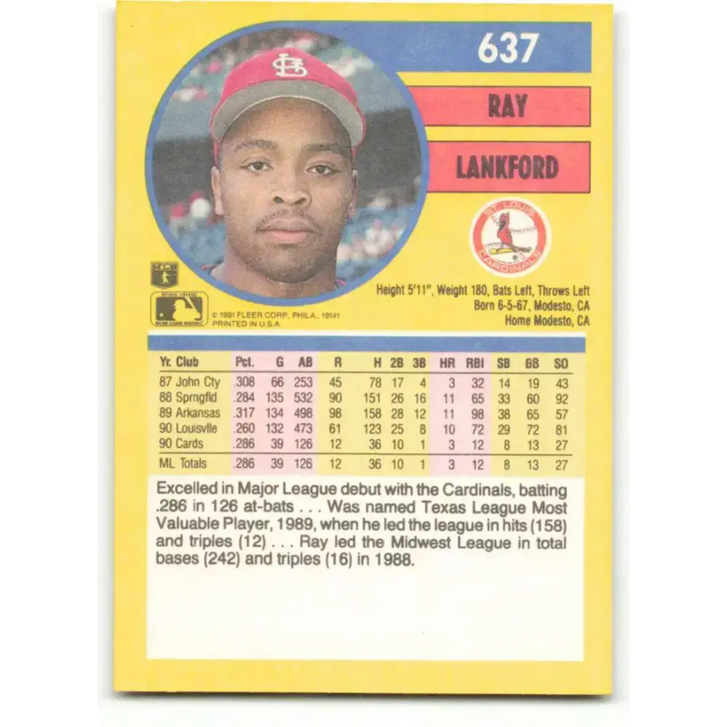 1991 Fleer #637 Ray Lankford NM-MT St. Louis Cardinals Baseball Card - Baseball Card Single
