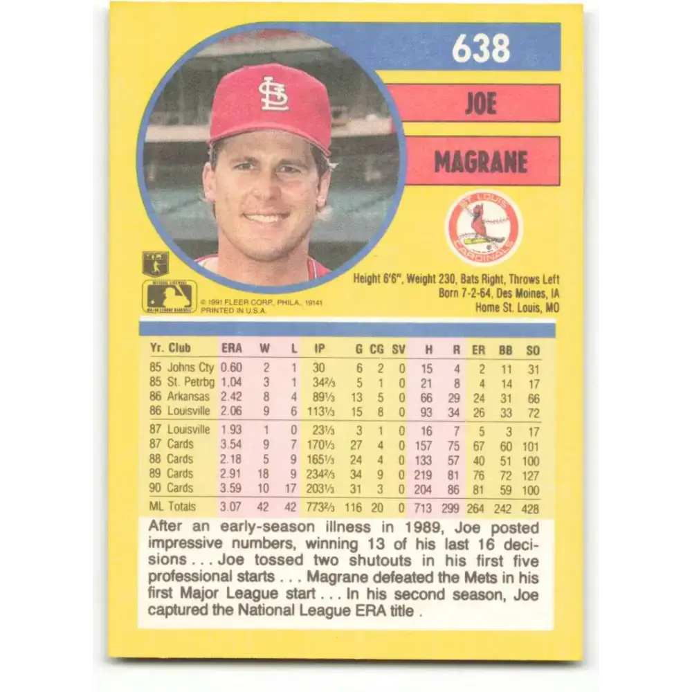 1991 Fleer #638 Joe Magrane NM-MT St. Louis Cardinals Baseball Card - Baseball Card Single