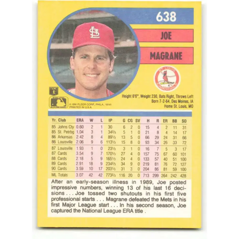 1991 Fleer #638 Joe Magrane NM-MT St. Louis Cardinals Baseball Card - Baseball Card Single
