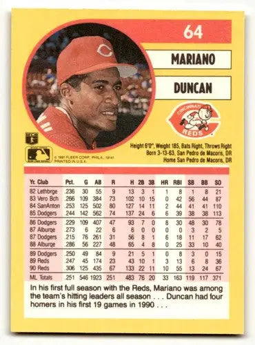 1991 Fleer #64 Mariano Duncan Cincinnati Reds Baseball Cards EX/NM ID:59501 - Baseball Card Single
