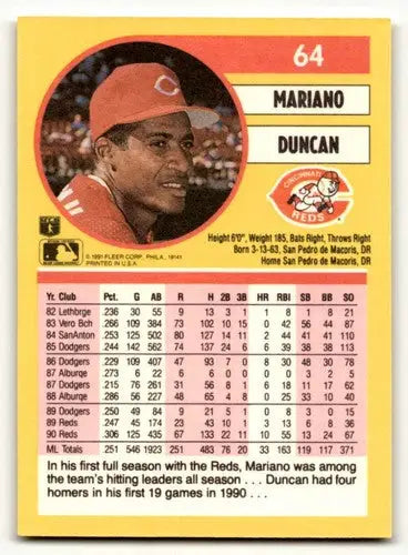 Original gloss Mariano Duncan Cincinnati Reds baseball card from 1991 Fleer #64