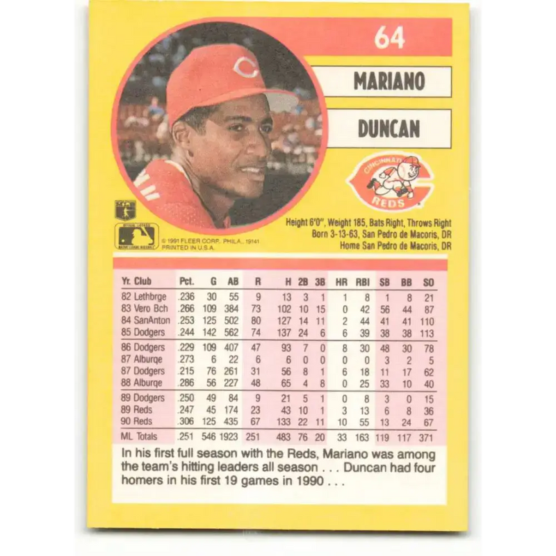 1991 Fleer #64 Mariano Duncan NM-MT Cincinnati Reds Baseball Card - Baseball Card Single