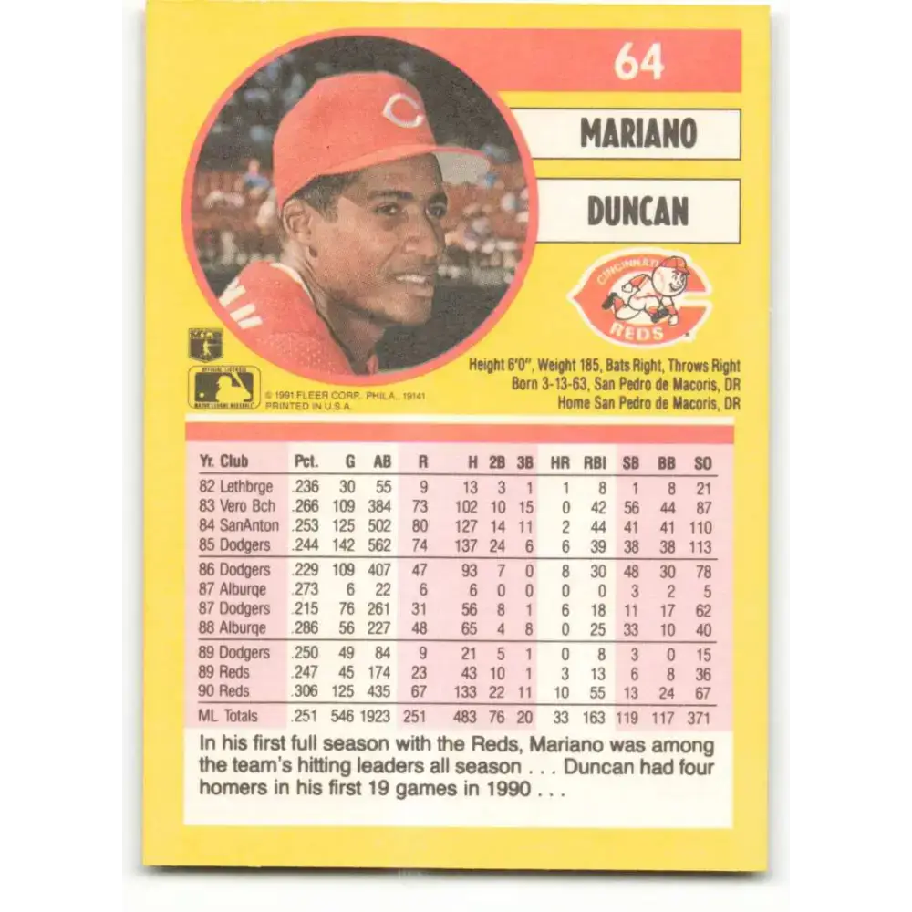1991 Fleer #64 Mariano Duncan NM-MT Cincinnati Reds Baseball Card - Baseball Card Single