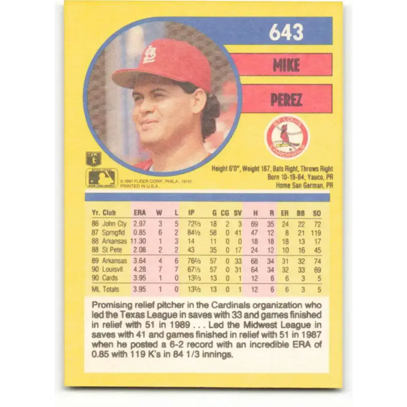 1991 Fleer #643 Mike Perez NM-MT RC Rookie St. Louis Cardinals Baseball Card - Baseball Card Single