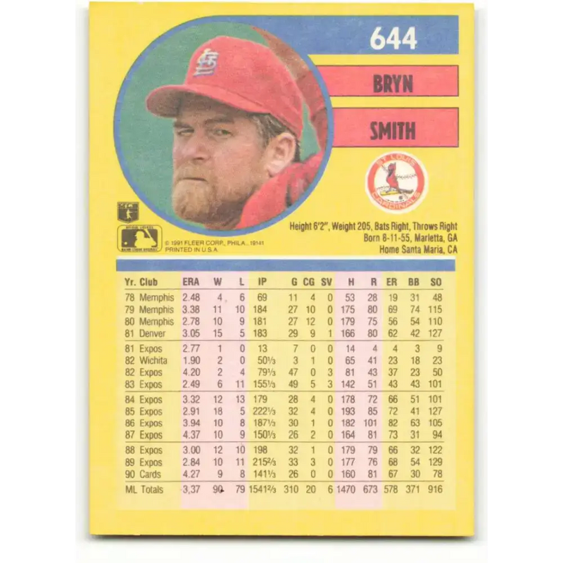 1991 Fleer #644 Bryn Smith NM-MT St. Louis Cardinals Baseball Card - Baseball Card Single