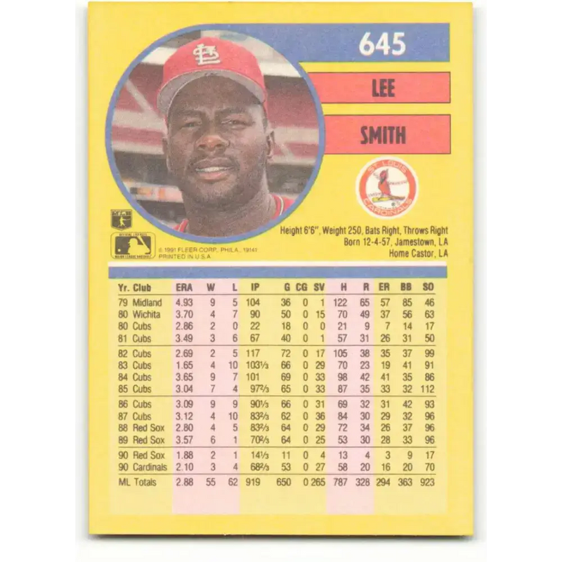 1991 Fleer #645 Lee Smith NM-MT St. Louis Cardinals Baseball Card - Baseball Card Single