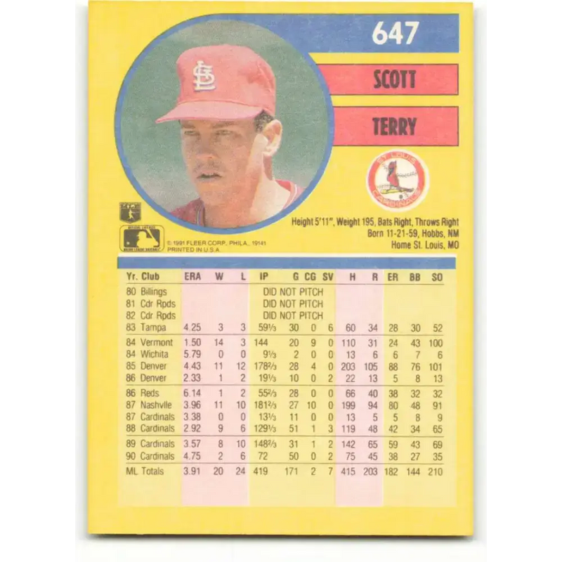 1991 Fleer #647 Scott Terry NM-MT St. Louis Cardinals Baseball Card - Baseball Card Single