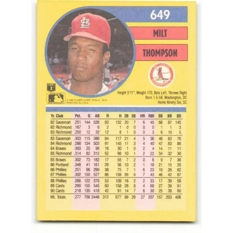 1991 Fleer #649 Milt Thompson NM-MT St. Louis Cardinals Baseball Card