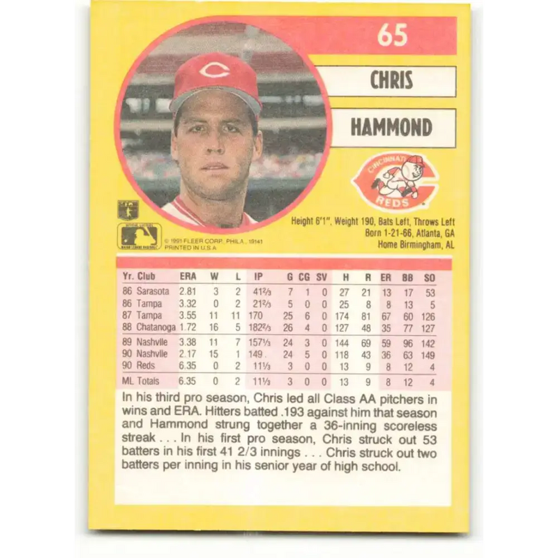 1991 Fleer #65 Chris Hammond NM-MT Cincinnati Reds Baseball Card - Baseball Card Single