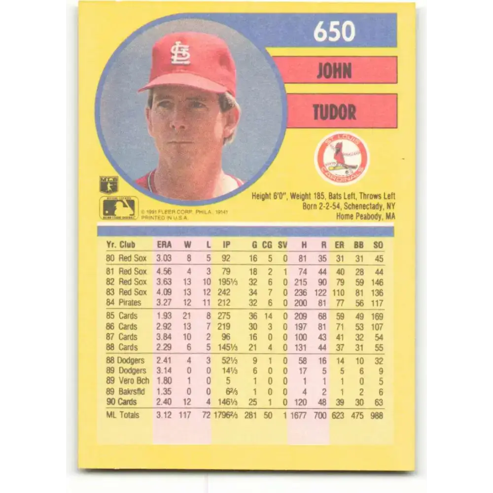 1991 Fleer #650 John Tudor NM-MT St. Louis Cardinals Baseball Card - Baseball Card Single