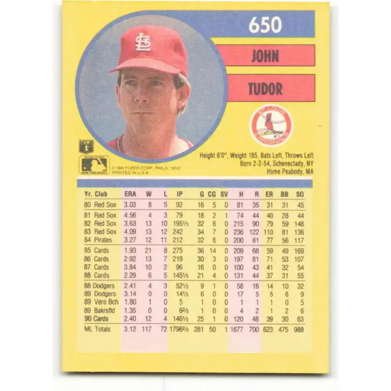 1991 Fleer #650 John Tudor NM-MT St. Louis Cardinals Baseball Card - Baseball Card Single