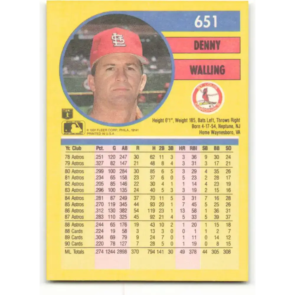 1991 Fleer #651 Denny Walling NM-MT St. Louis Cardinals Baseball Card - Baseball Card Single