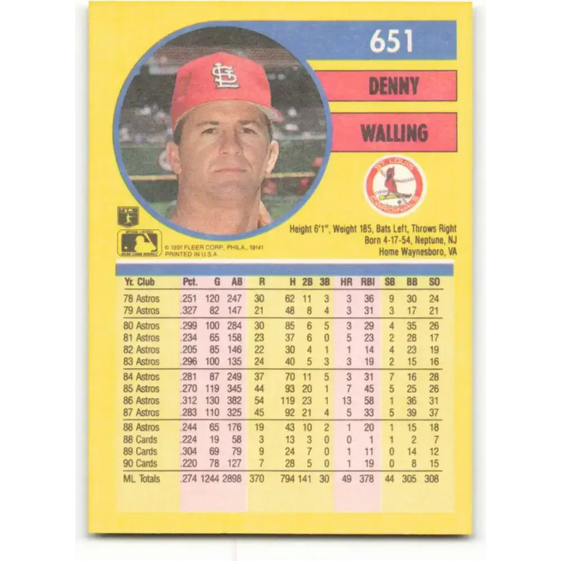 1991 Fleer #651 Denny Walling NM-MT St. Louis Cardinals Baseball Card - Baseball Card Single