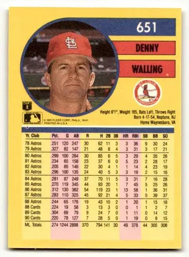 Denny Walling baseball card from 1991 Fleer showcasing St. Louis Cardinals baseball with original gloss