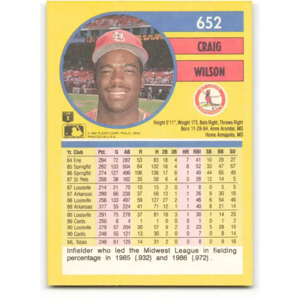 1991 Fleer #652 Craig Wilson NM-MT RC Rookie St. Louis Cardinals Baseball Card - Baseball Card Single