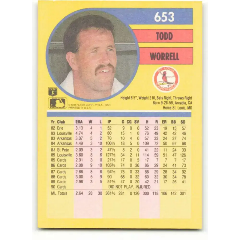 1991 Fleer #653 Todd Worrell NM-MT St. Louis Cardinals Baseball Card - Baseball Card Single