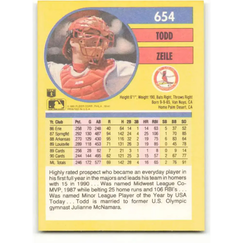 1991 Fleer #654 Todd Zeile NM-MT St. Louis Cardinals Baseball Card - Baseball Card Single