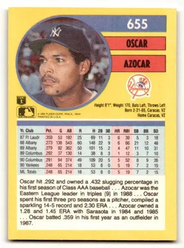 Oscar Azocar Yankees baseball card with original gloss from 1991 Fleer series