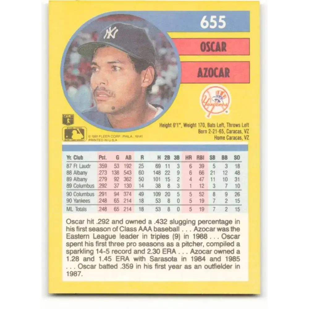 1991 Fleer #655 Oscar Azocar NM-MT New York Yankees Baseball Card - Baseball Card Single