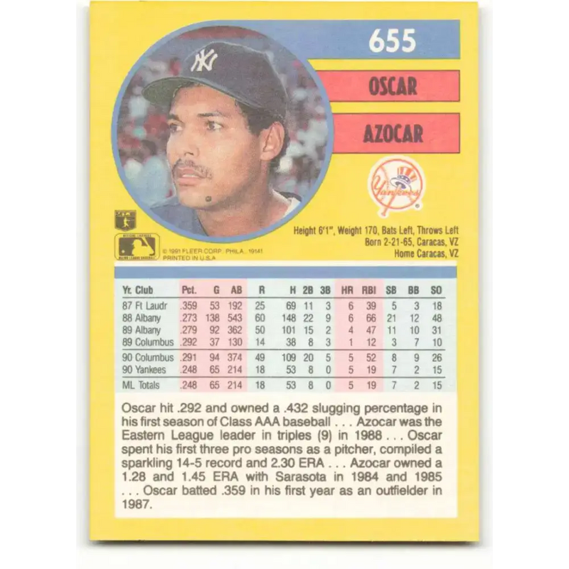 1991 Fleer #655 Oscar Azocar NM-MT New York Yankees Baseball Card - Baseball Card Single
