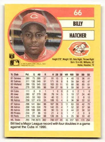 Auction-quality 1991 Fleer Billy Hatcher Cincinnati Reds baseball card, EX/NM condition