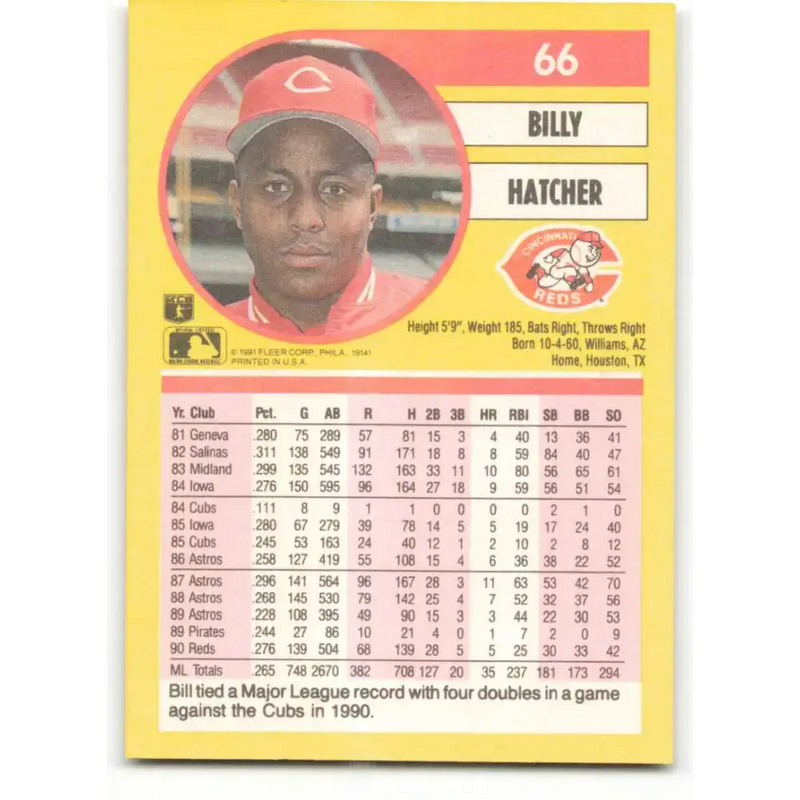 1991 Fleer #66 Billy Hatcher NM-MT Cincinnati Reds Baseball Card - Baseball Card Single