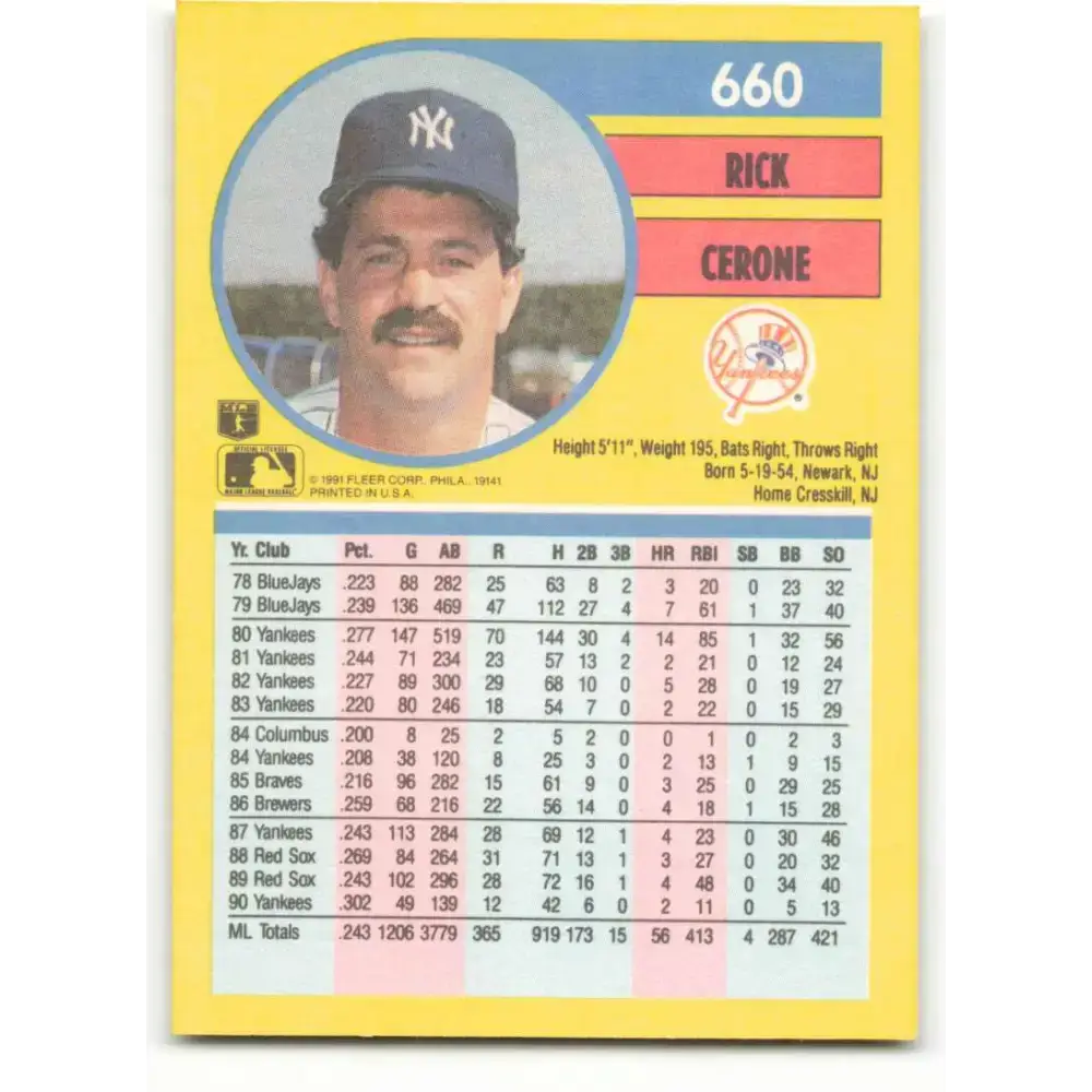 1991 Fleer #660 Rick Cerone NM-MT New York Yankees Baseball Card