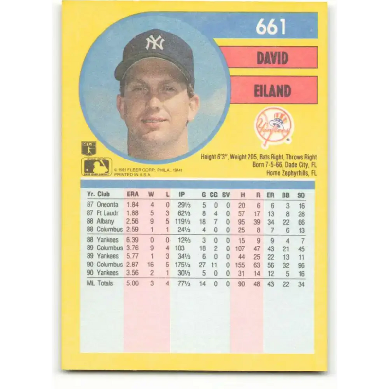1991 Fleer #661 Dave Eiland NM-MT New York Yankees Baseball Card - Baseball Card Single