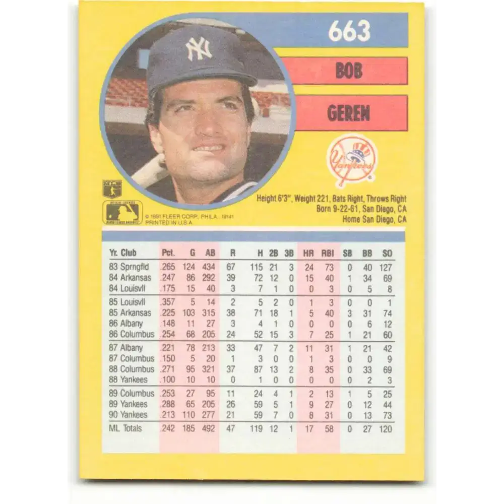 1991 Fleer #663 Bob Geren NM-MT New York Yankees Baseball Card
