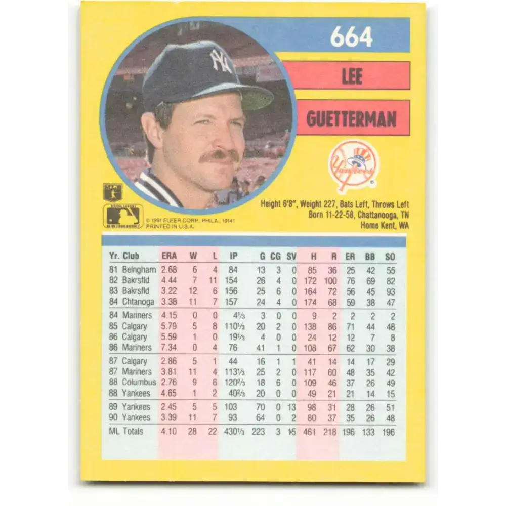 1991 Fleer #664 Lee Guetterman NM-MT New York Yankees Baseball Card - Baseball Card Single
