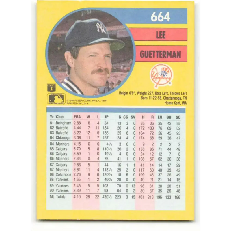 1991 Fleer #664 Lee Guetterman NM-MT New York Yankees Baseball Card - Baseball Card Single