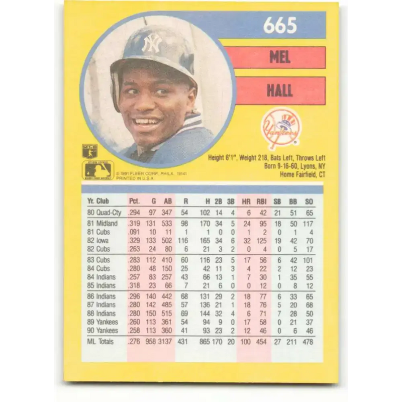 1991 Fleer #665 Mel Hall NM-MT New York Yankees Baseball Card - Baseball Card Single