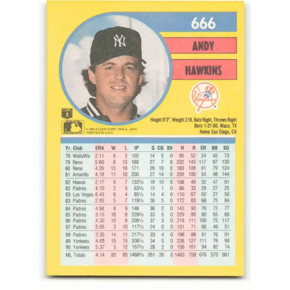 1991 Fleer #666 Andy Hawkins NM-MT New York Yankees Baseball Card
