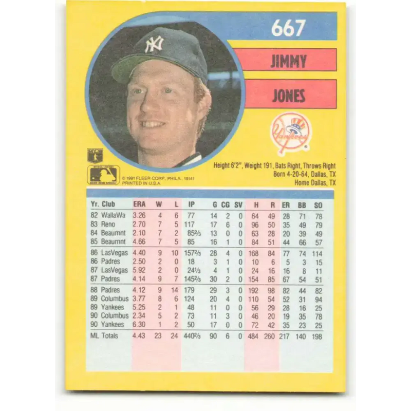 1991 Fleer #667 Jimmy Jones NM-MT New York Yankees Baseball Card - Baseball Card Single