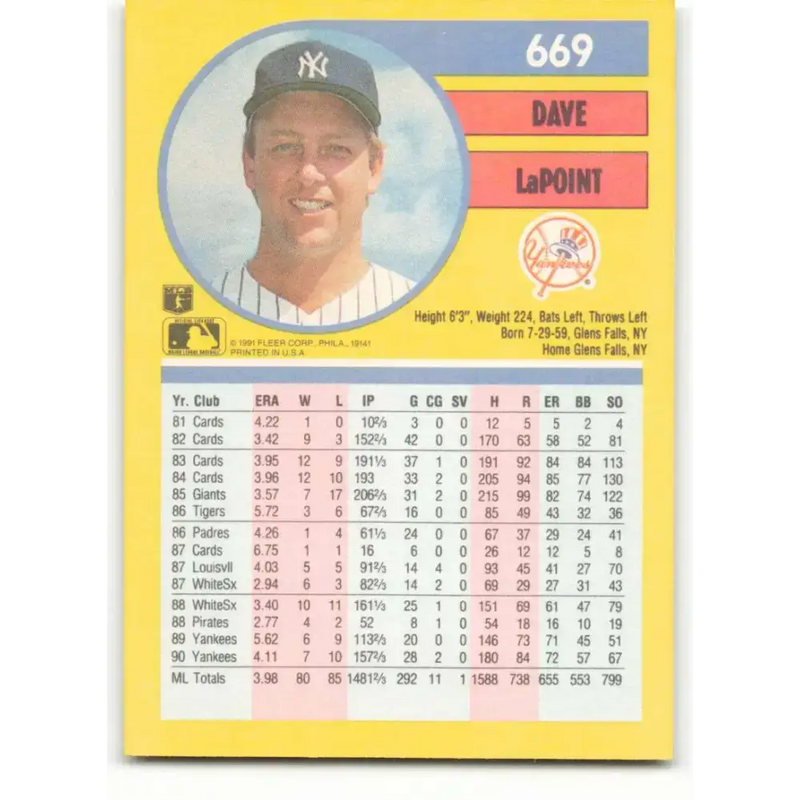 1991 Fleer #669 Dave LaPoint NM-MT New York Yankees Baseball Card - Baseball Card Single
