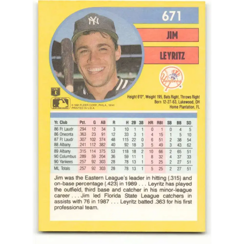 1991 Fleer #671 Jim Leyritz NM-MT New York Yankees Baseball Card - Baseball Card Single