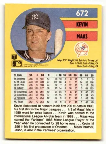 1991 Fleer Kevin Maas Yankees baseball card with original gloss and vibrant image