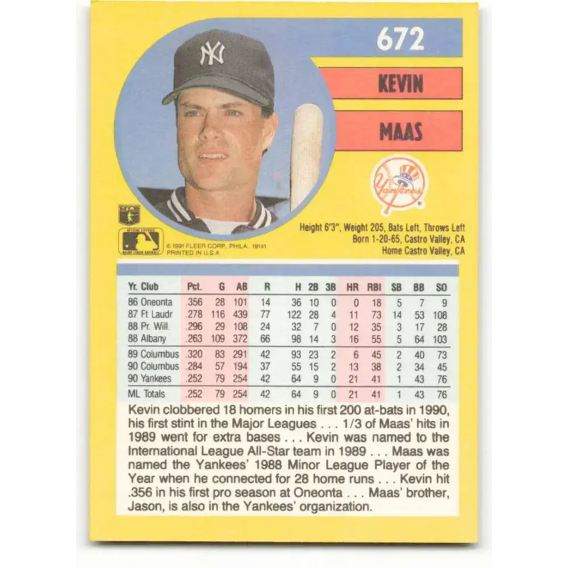 1991 Fleer #672 Kevin Maas NM-MT New York Yankees Baseball Card - Baseball Card Single