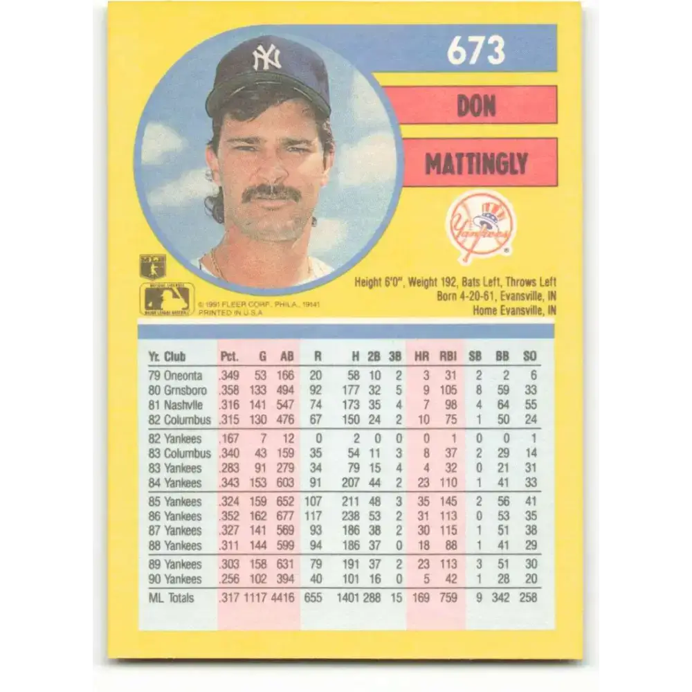 1991 Fleer #673 Don Mattingly NM-MT New York Yankees Baseball Card - Baseball Card Single