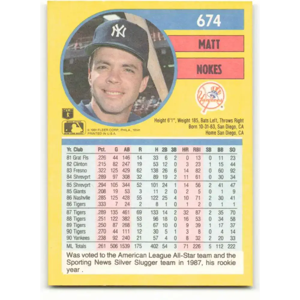 1991 Fleer #674 Matt Nokes NM-MT New York Yankees Baseball Card - Baseball Card Single