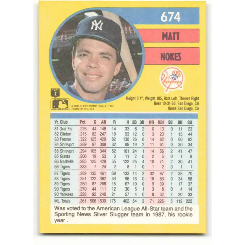 1991 Fleer #674 Matt Nokes NM-MT New York Yankees Baseball Card - Baseball Card Single
