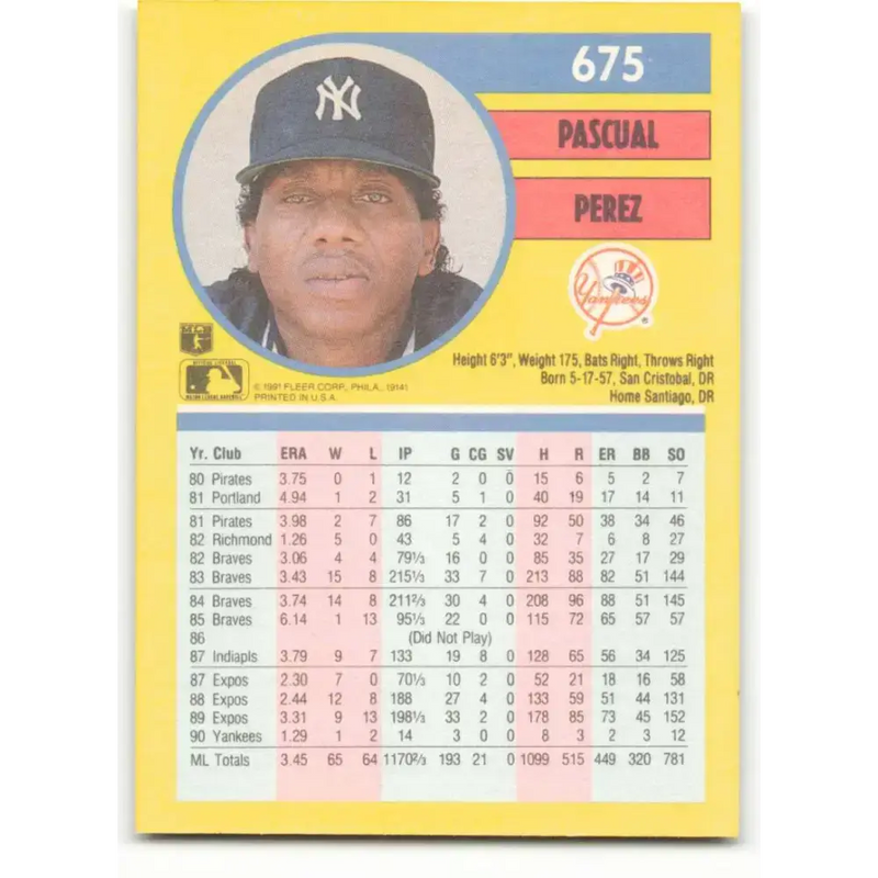1991 Fleer #675 Pascual Perez NM-MT New York Yankees Baseball Card - Baseball Card Single