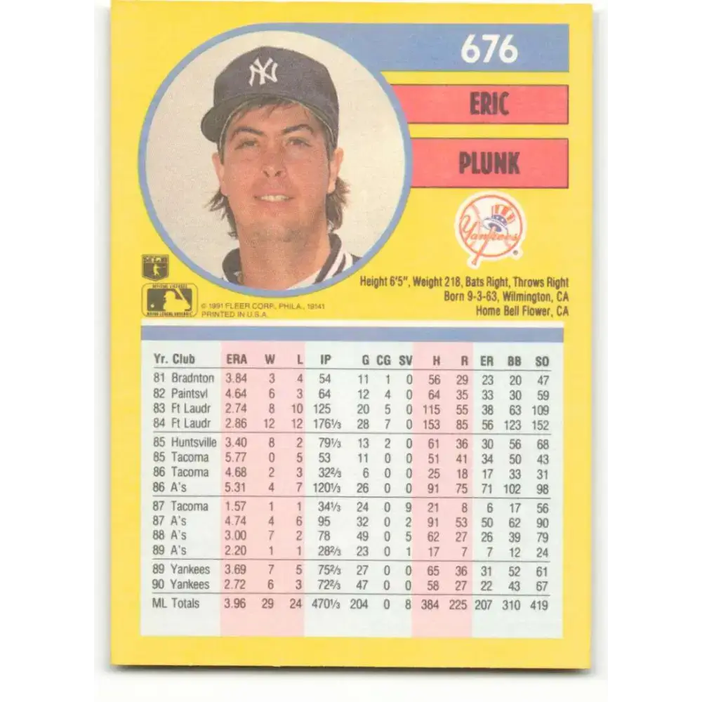 1991 Fleer #676 Eric Plunk NM-MT New York Yankees Baseball Card - Baseball Card Single